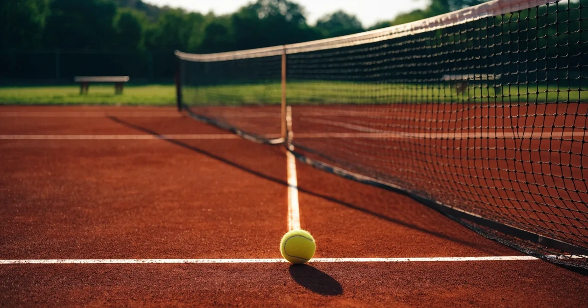 Ein Sandplatz am frühen Morgen mit frisch gezogenen Linien, einem Netz in der Mitte und einem gelben Ball auf der Grundlinie.