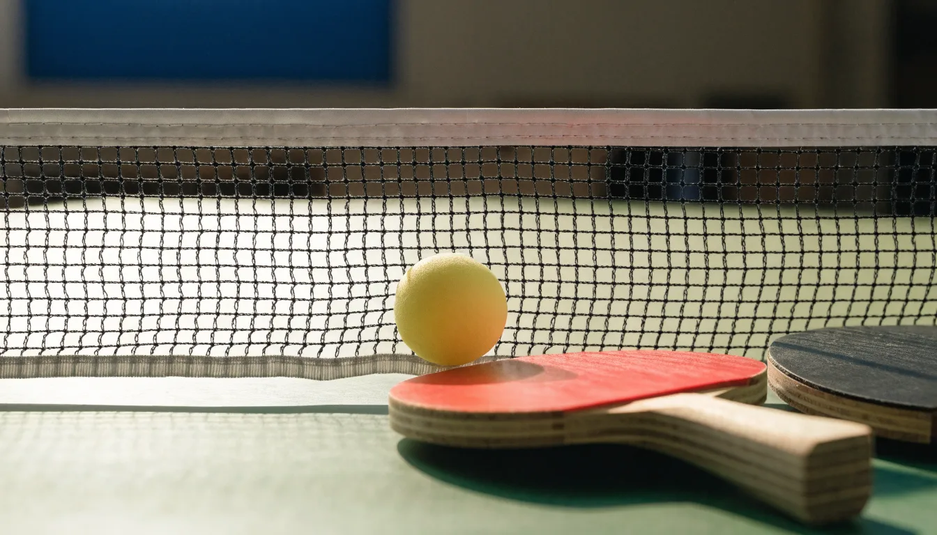 Ein weißer Ball liegt in Nahaufnahme auf der Netzkante einer Tischtennisplatte, daneben zwei Holzschläger mit rotem und schwarzem Belag.