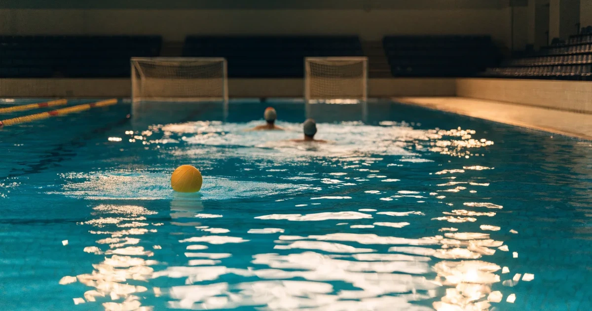 Ein Schwimmbecken mit türkisfarbenem Wasser und zwei schwimmenden Torrahmen am gegenüberliegenden Beckenrand, menschenleer unter Hallenlicht.