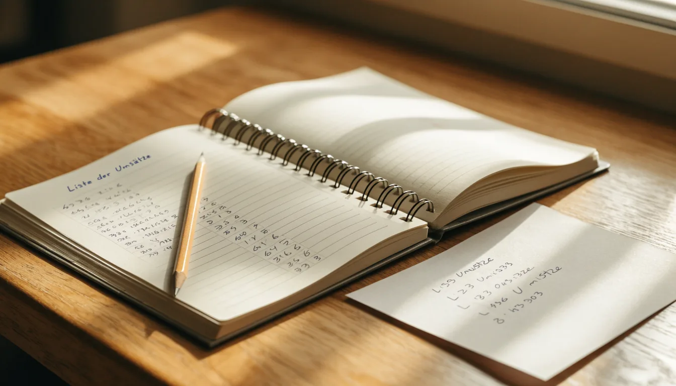 Ein Notizbuch mit handschriftlichen Spalten und einem Bleistift liegt auf einem Schreibtisch neben einem Taschenrechner.