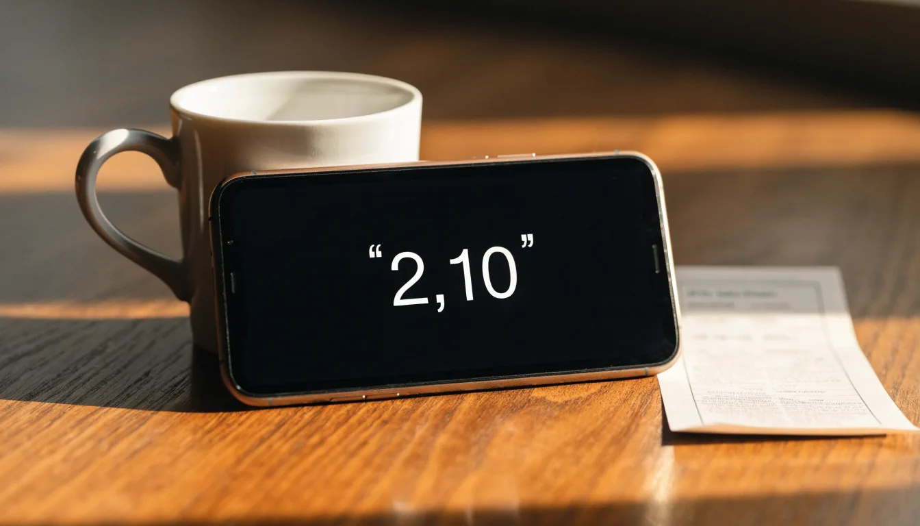 Ein Smartphone mit dunklem Bildschirm lehnt an einer Kaffeetasse auf einem Holztisch, daneben ein blanker Papier-Wettschein.