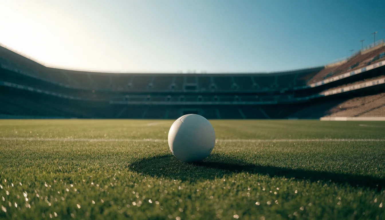 Ein Fußball liegt auf dem Anstoßpunkt eines Rasenplatzes im ersten Morgenlicht, Tau glänzt auf dem Gras.