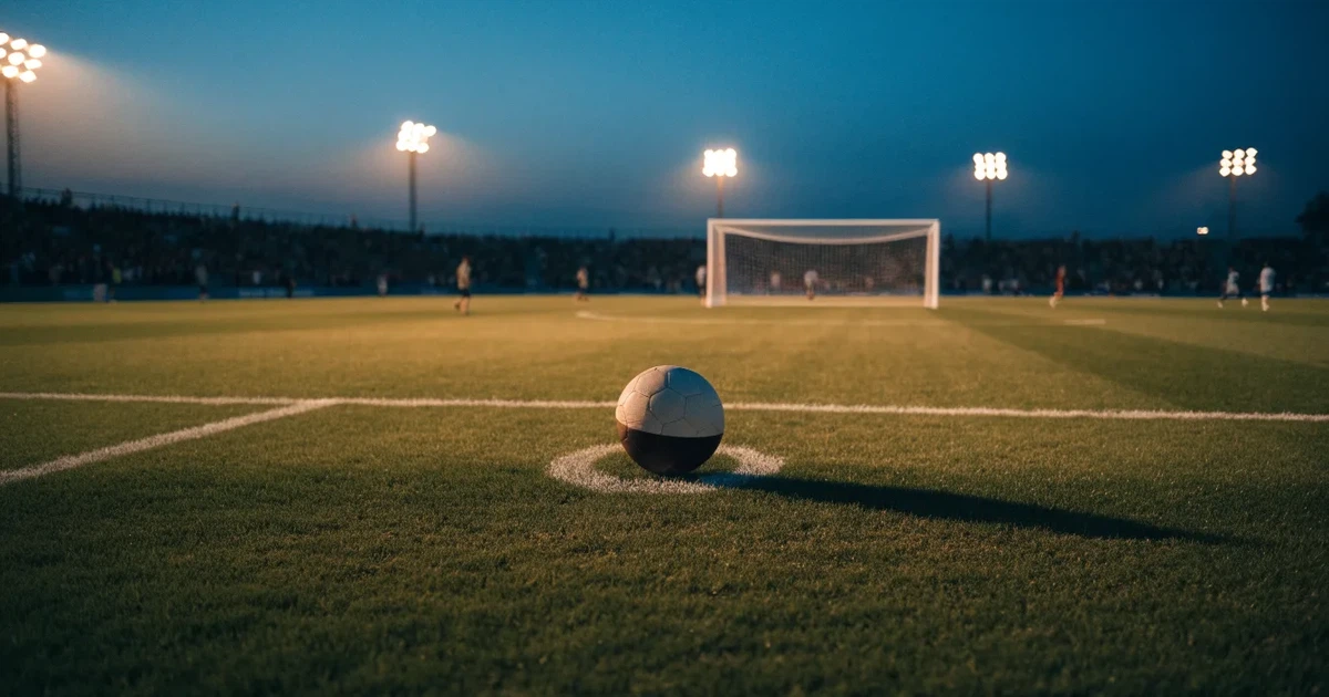 Ein Rasenplatz in der Dämmerung mit eingeschalteten Flutlichtmasten, ein Ball liegt am Anstoßpunkt, die Tribünen im Hintergrund sind unscharf.