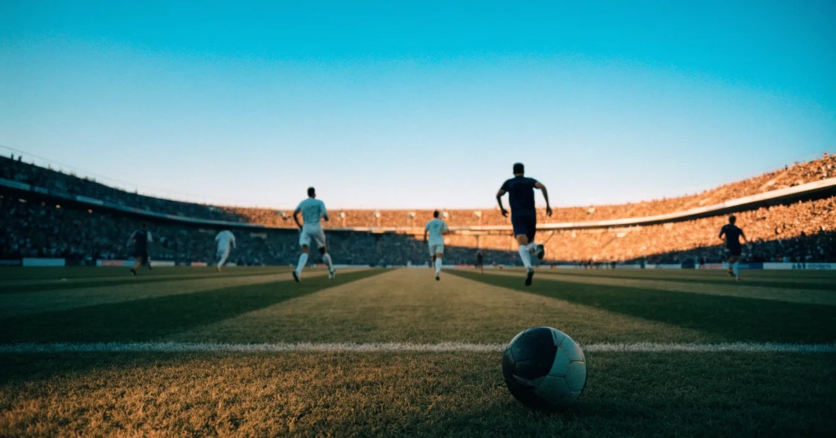 Ein Fußballstadion mit hellen Rängen unter strahlend blauem Himmel, davor ein sonnenbeschienener Rasen mit frisch gemähten Streifen.