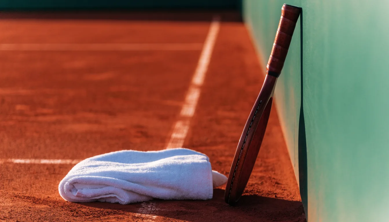 Ein Tennisschläger lehnt an einer dunkelgrünen Bande ohne Aufschrift auf einem Sandplatz, daneben liegt ein Handtuch.
