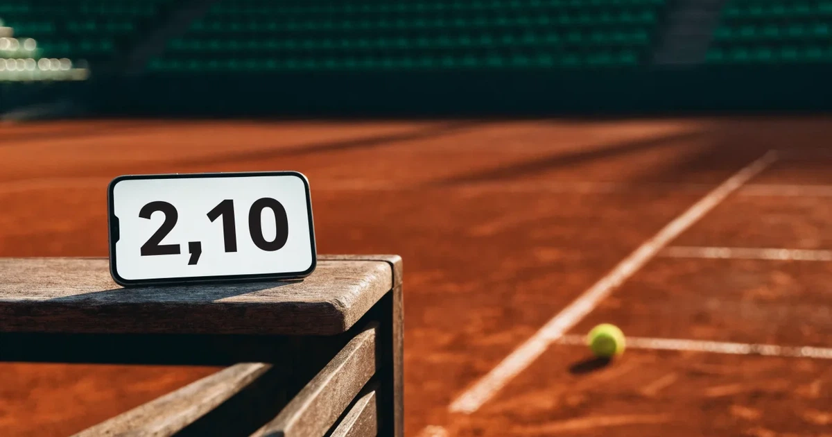 Ein Sandplatz mit rötlichem Belag und gezogenen weißen Linien, ein einzelner Tennisball liegt neben der Linie, im Hintergrund eine leere Tribüne.