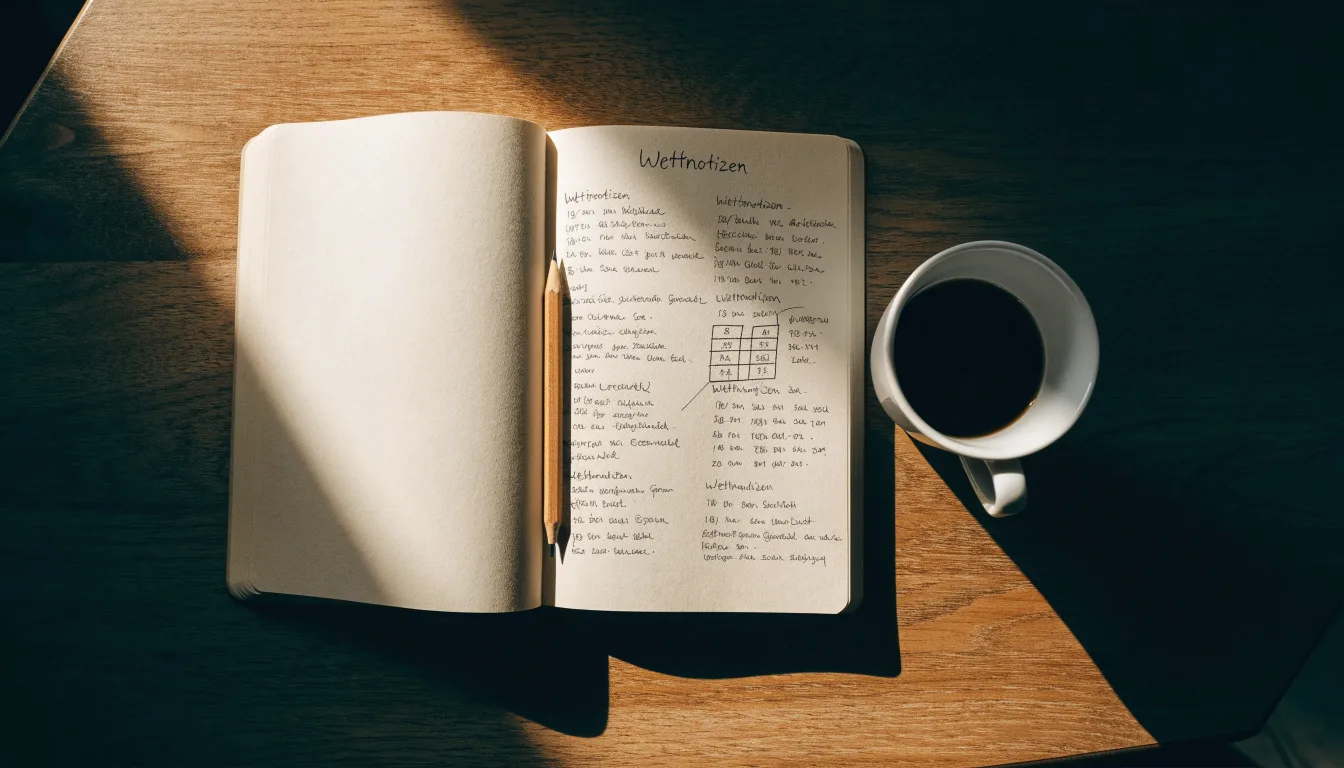 Ein aufgeschlagenes Notizbuch mit handschriftlichen Skizzen liegt neben einem Bleistift auf einem Holztisch, daneben eine Tasse Kaffee.