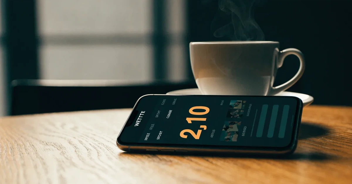 Ein Smartphone mit dunklem Display liegt auf einem Holztisch neben einer Tasse Kaffee, im Hintergrund ein unscharfes Fenster.