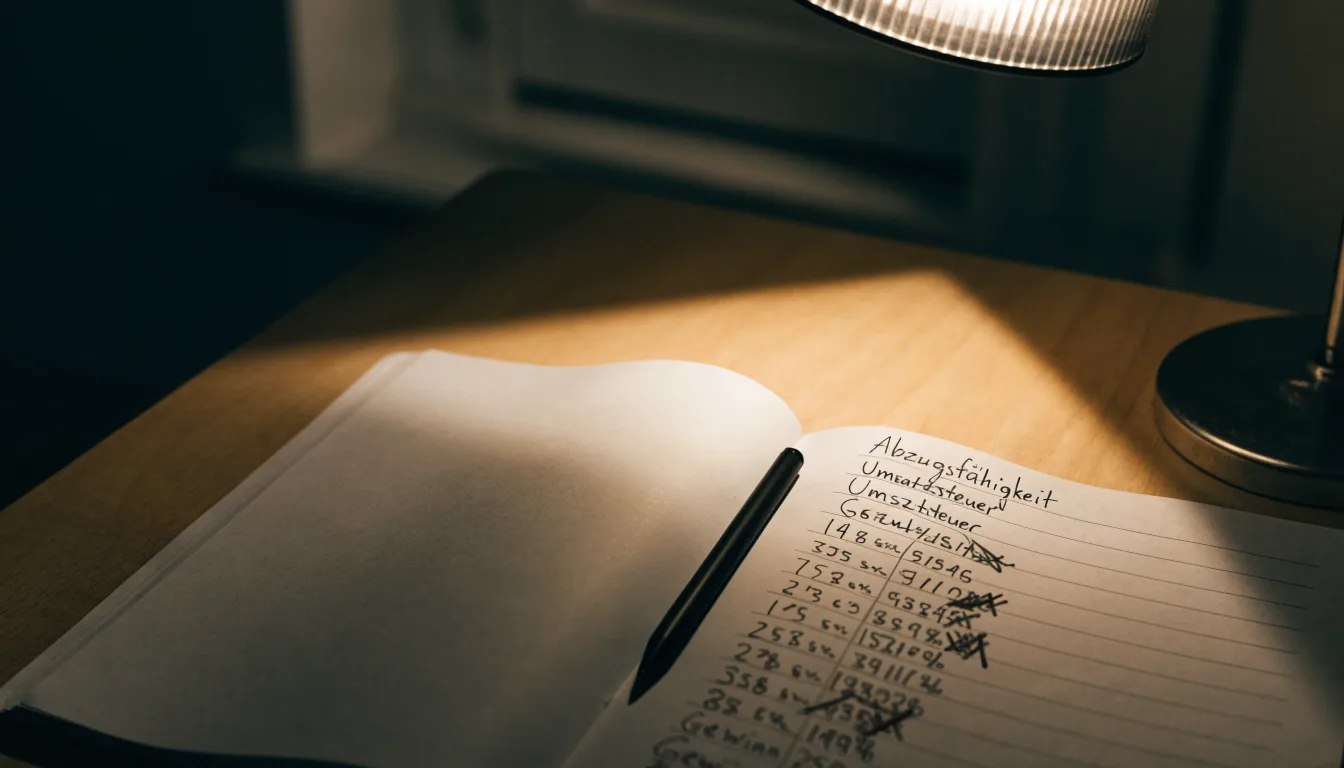 Ein Taschenrechner und ein Notizbuch mit handschriftlichen Zahlenreihen liegen auf einem Schreibtisch unter einer Lampe.