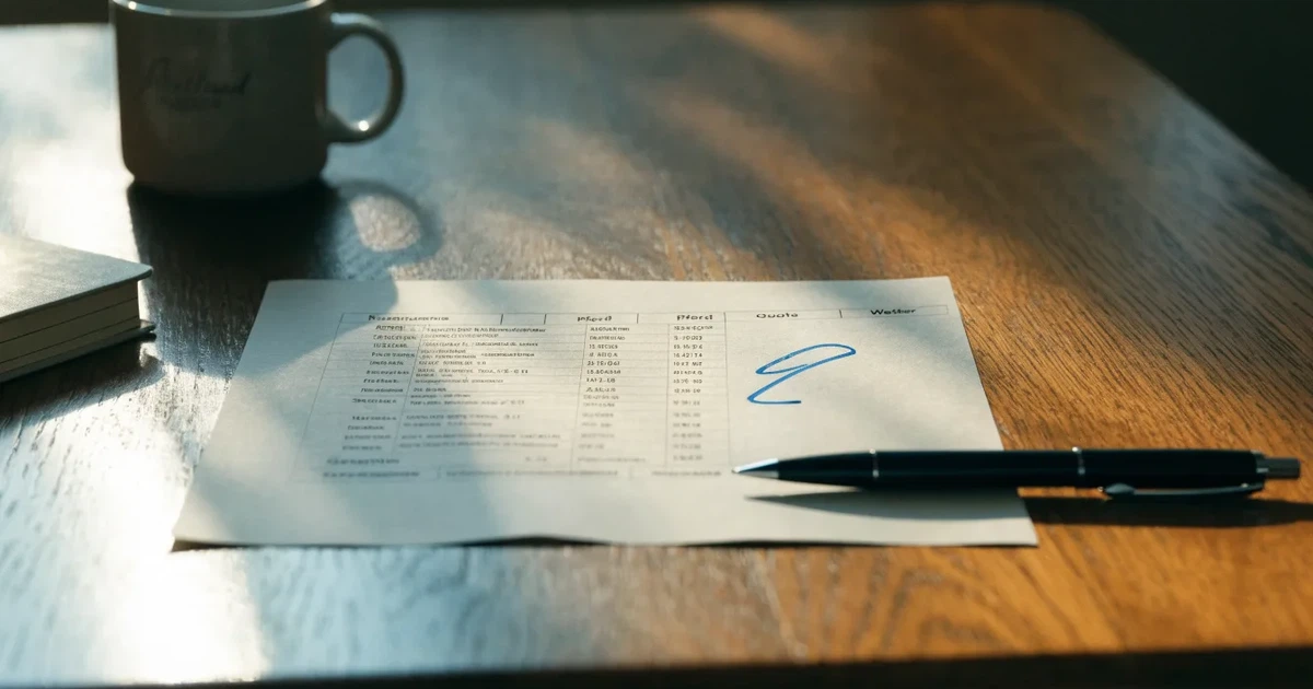 Ein leerer Papier-Wettschein und ein Kugelschreiber liegen auf einem Holztisch, daneben ein kleiner Stapel Münzen im Morgenlicht.