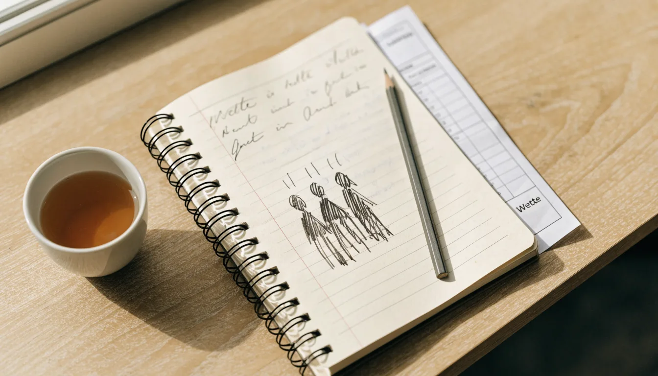 Ein aufgeschlagenes Notizbuch mit handschriftlichen Skizzen und ein Bleistift liegen auf einem Schreibtisch neben einer Tasse Tee.