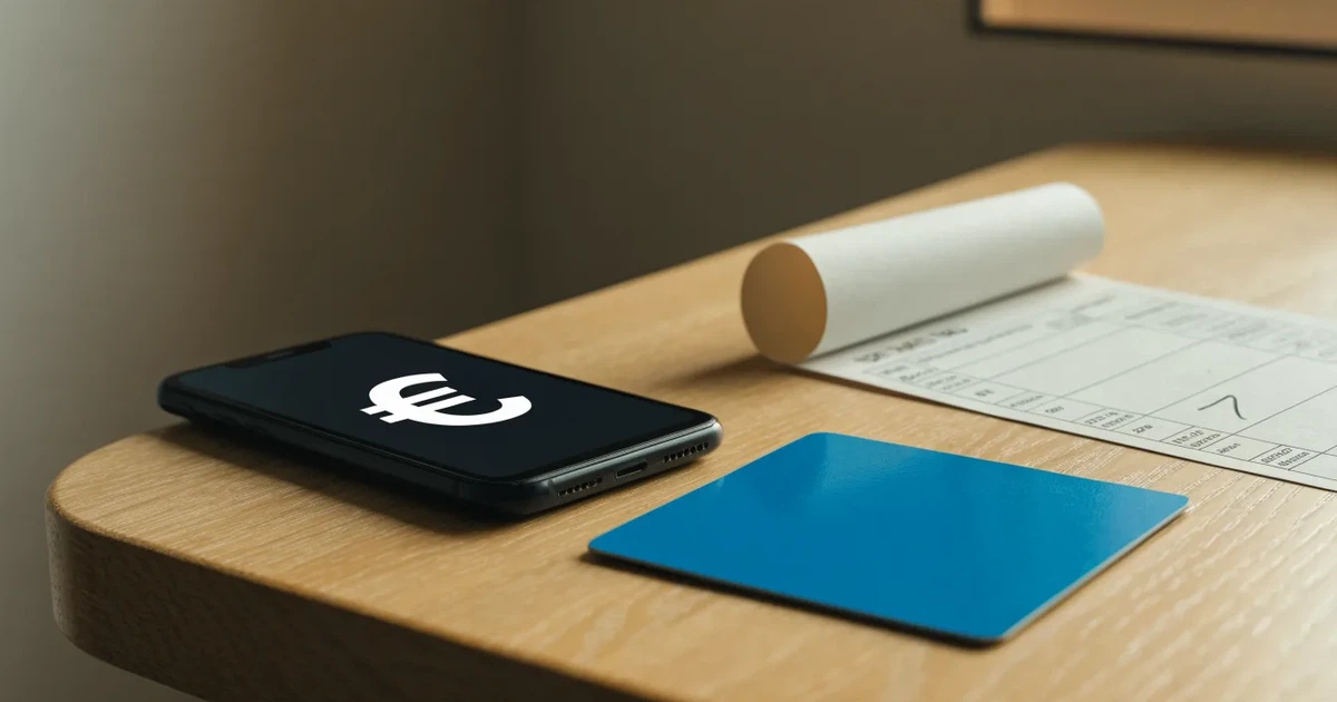 Eine Plastikkarte ohne Aufdruck liegt neben Münzen und einem Smartphone mit dunklem Display auf einem hellen Tisch.