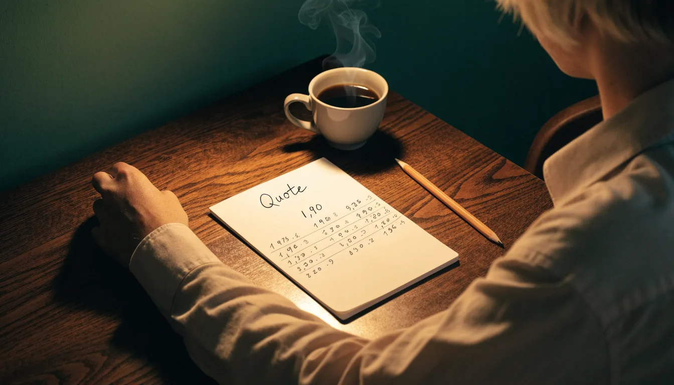 Ein Taschenrechner und ein Bleistift liegen auf einem Schreibtisch neben einer Tasse Kaffee im Licht einer Lampe.
