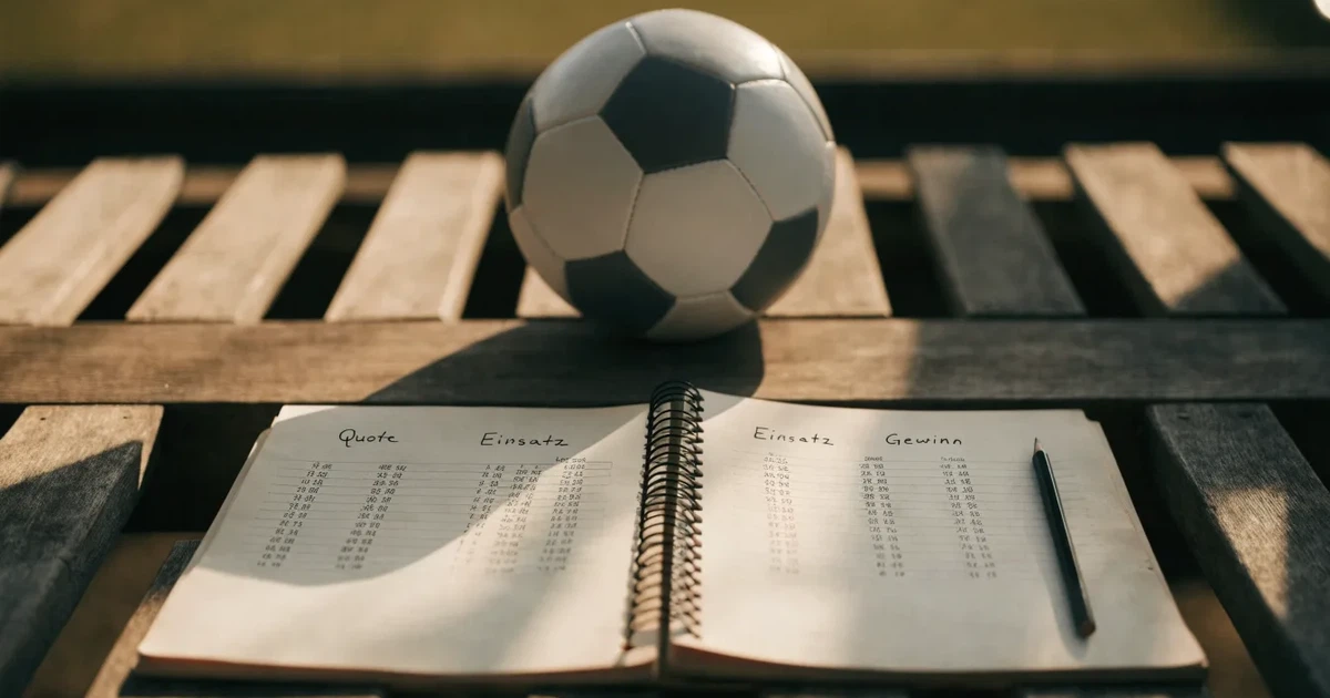 Ein Notizbuch mit handschriftlichen Zahlenkolonnen und ein Bleistift liegen neben einem Fußball auf einer Holzbank.