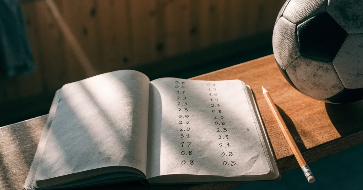 Ein Notizbuch mit handschriftlichen Zahlenkolonnen und ein Bleistift liegen neben einem Fußball auf einer Holzbank.