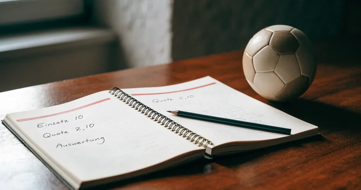 Ein Notizbuch mit handschriftlichen Notizen und einem Bleistift liegt auf einem Holztisch, daneben ein kleiner Fußball im weichen Tageslicht.