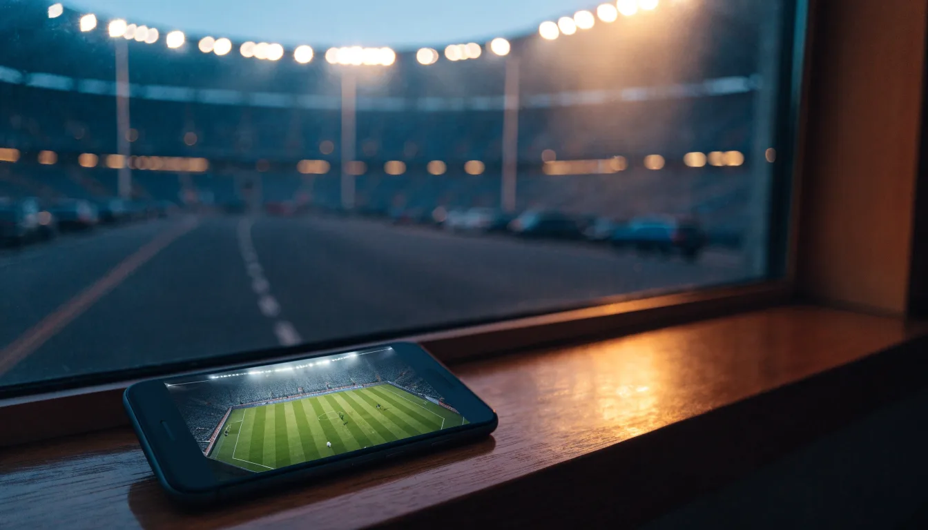 Ein Stadion unter Flutlicht aus der Ferne gesehen, davor eine leere Straße in der Abenddämmerung mit leichtem Dunst.