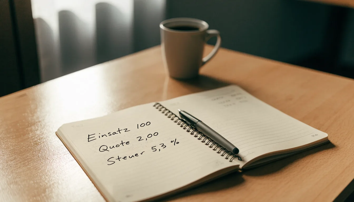 Ein Notizbuch mit handschriftlichen Rechnungen und ein Taschenrechner liegen auf einem hellen Schreibtisch neben einer Kaffeetasse.