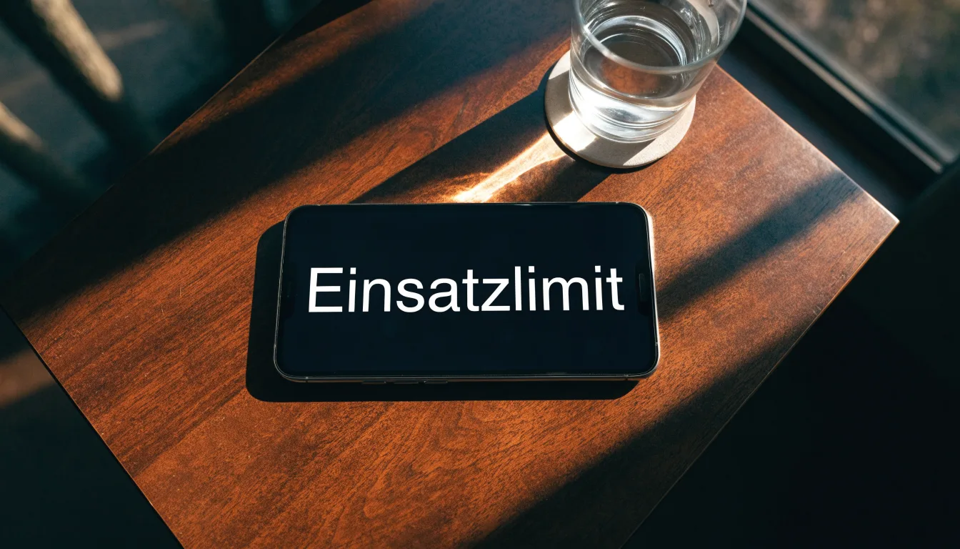 Ein Smartphone liegt mit dem Display nach unten auf einem Holztisch neben einem Glas Wasser, Abendlicht fällt durch ein Fenster.