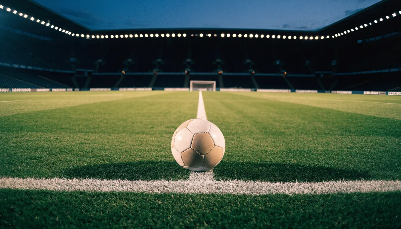 Ein Fußball liegt auf dem Anstoßpunkt eines leeren Rasenplatzes, dahinter ragen dunkle Ränge in den Abendhimmel.