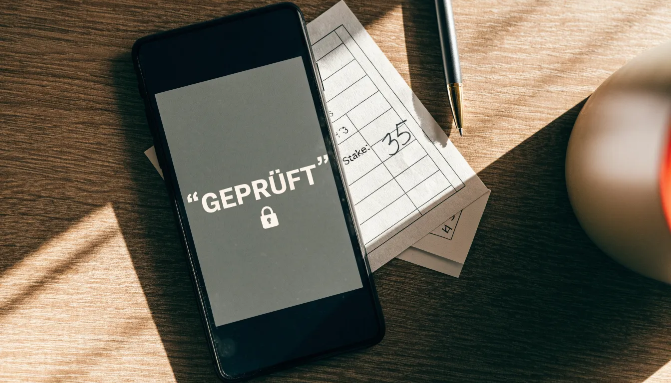 Ein Smartphone mit dunklem Display liegt neben einem leeren Papier-Wettschein und einem Stift auf einem Holztisch.
