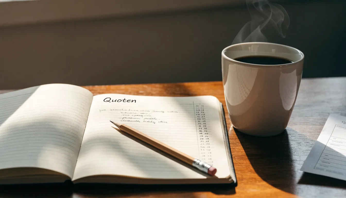 Ein Notizbuch mit handschriftlichen Notizen und einem Bleistift liegt auf einem Tisch, daneben steht eine Kaffeetasse im Morgenlicht.