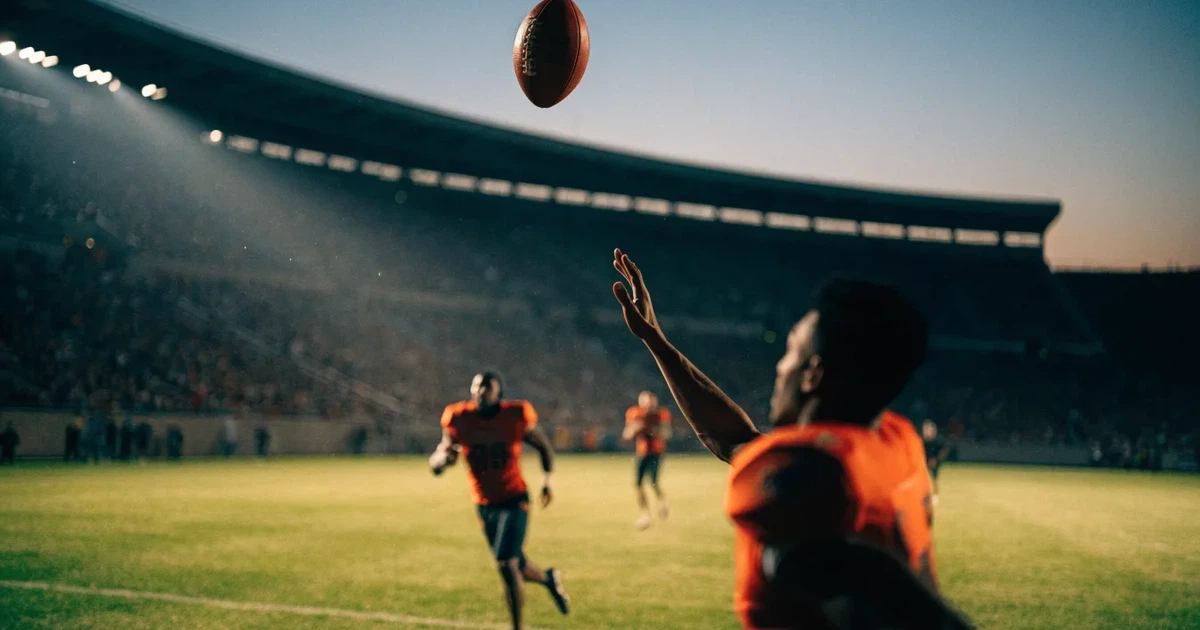 Ein American-Football-Ball liegt auf einem Rasenplatz unter Flutlicht, im Hintergrund eine große Tribüne in der Dämmerung.