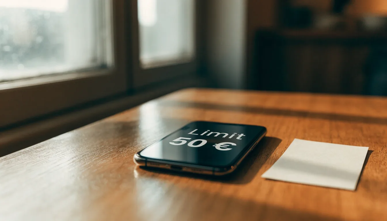 Ein Smartphone liegt mit dunklem Display auf einem Holztisch neben einem leeren Papier-Wettschein, Licht fällt von einem Fenster.