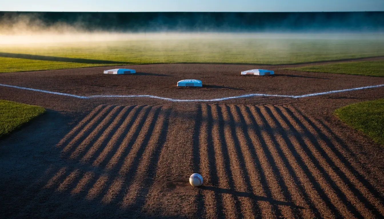 Ein Baseballfeld mit leerem Infield im Morgenlicht, die Linien frisch gezogen, keine Spieler im Bild.