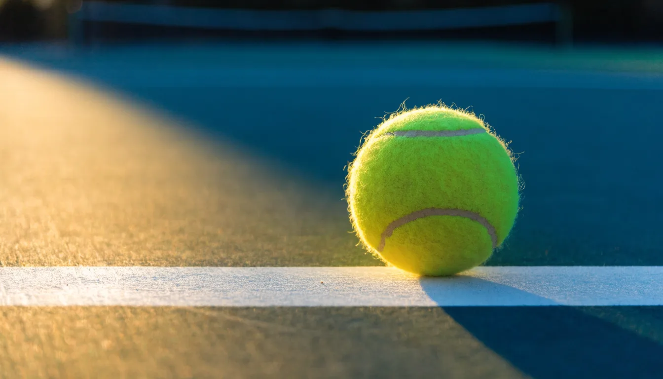 Ein Tennisball liegt in Nahaufnahme auf einer Grundlinie, dahinter verschwimmt ein leerer Platz in warmem Licht.