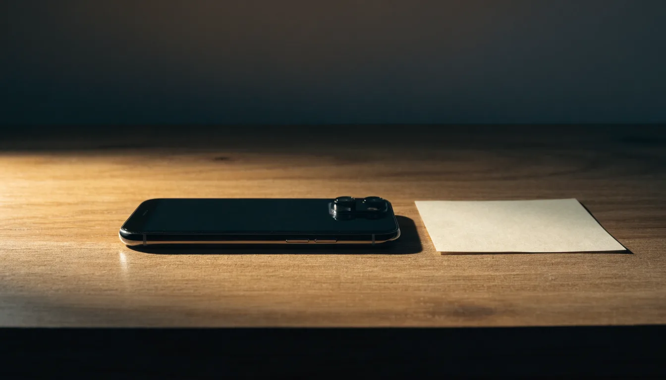 Ein Smartphone mit dunklem Display liegt neben einem leeren Papier-Wettschein auf einem Tisch, Licht fällt von der Seite.
