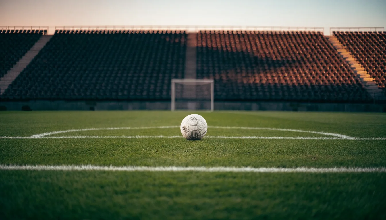 Ein Fußball liegt auf dem Anstoßpunkt eines Rasenplatzes, dahinter eine leere Tribüne im Abendlicht.