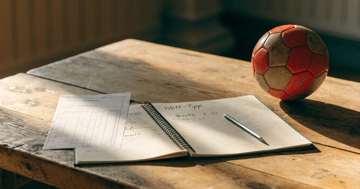 Ein Notizbuch mit handschriftlichen Notizen und einem Bleistift liegt auf einem Holztisch, daneben ein kleiner Fußball im Tageslicht.