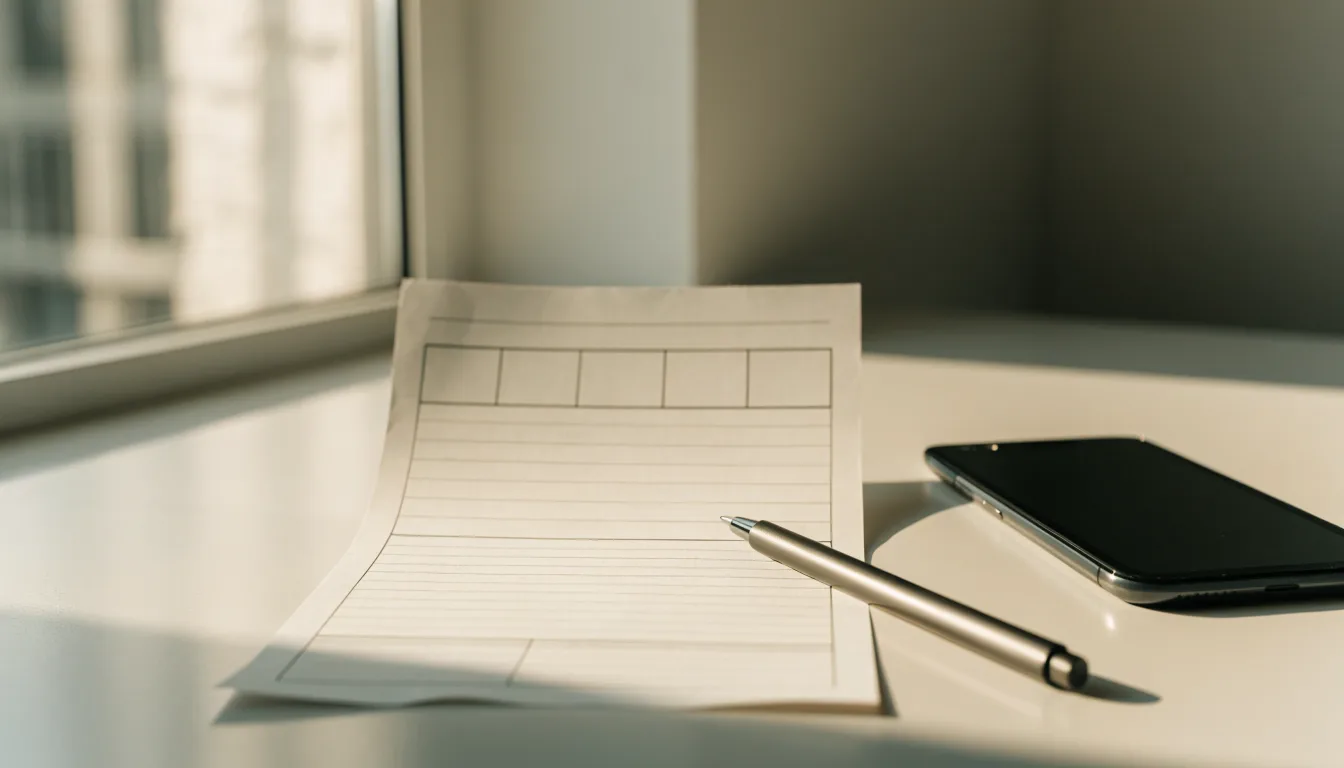 Ein leerer Papier-Wettschein und ein Kugelschreiber liegen neben einem Smartphone mit dunklem Display auf einem Schreibtisch am Fenster.