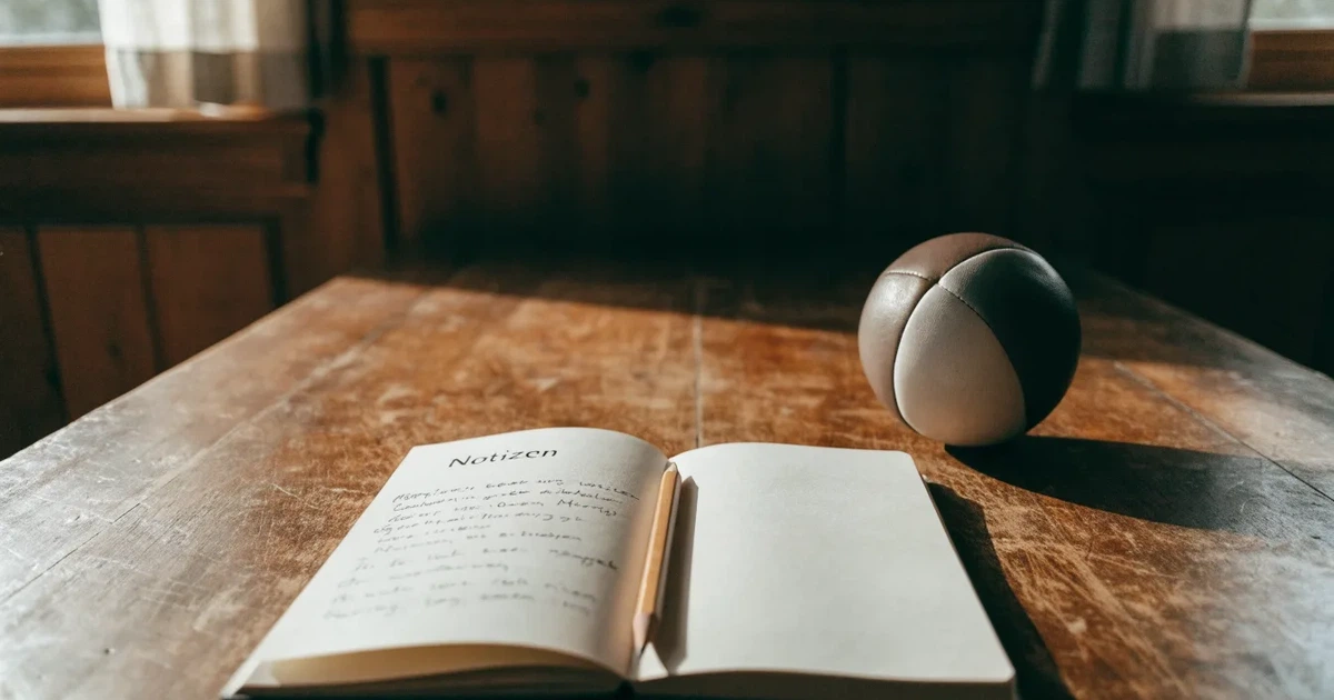 Ein Notizbuch mit handschriftlichen Notizen und einem Bleistift liegt auf einem Holztisch, daneben ein kleiner Fußball im Tageslicht.