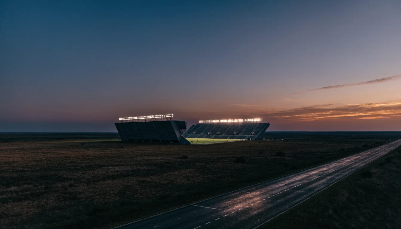Ein Stadion unter Flutlicht aus großer Entfernung, davor eine leere Straße in der Abenddämmerung.