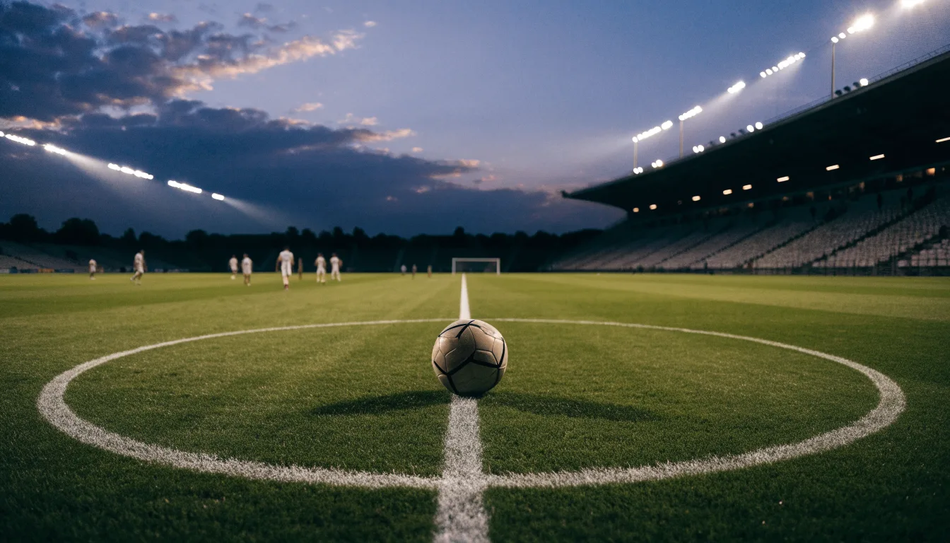 Ein Fußball liegt auf dem Anstoßpunkt eines Rasenplatzes, dahinter eine leere Tribüne im Abendlicht.