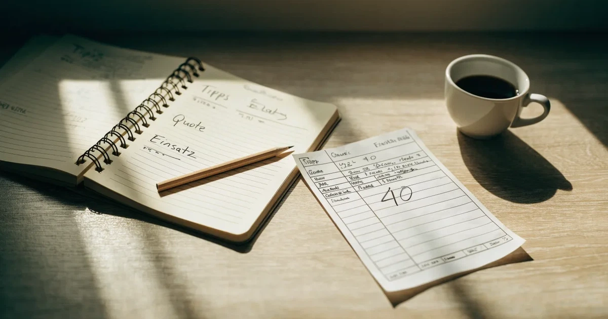 Eine Kaffeetasse, ein Notizbuch mit handschriftlichen Notizen und ein Bleistift auf einem hellen Schreibtisch am Morgen.