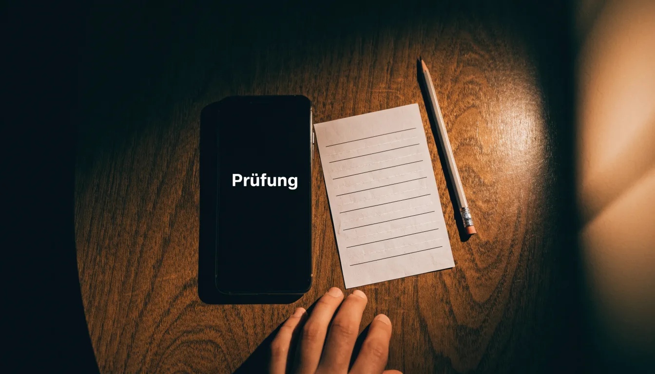 Ein Smartphone mit dunklem Display liegt neben einem leeren Papier-Wettschein auf einem Holztisch, Licht fällt von der Seite.
