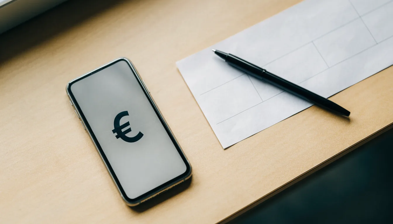 Ein leerer Papier-Wettschein und ein Kugelschreiber liegen neben einem Smartphone mit dunklem Display auf einem Schreibtisch am Fenster.