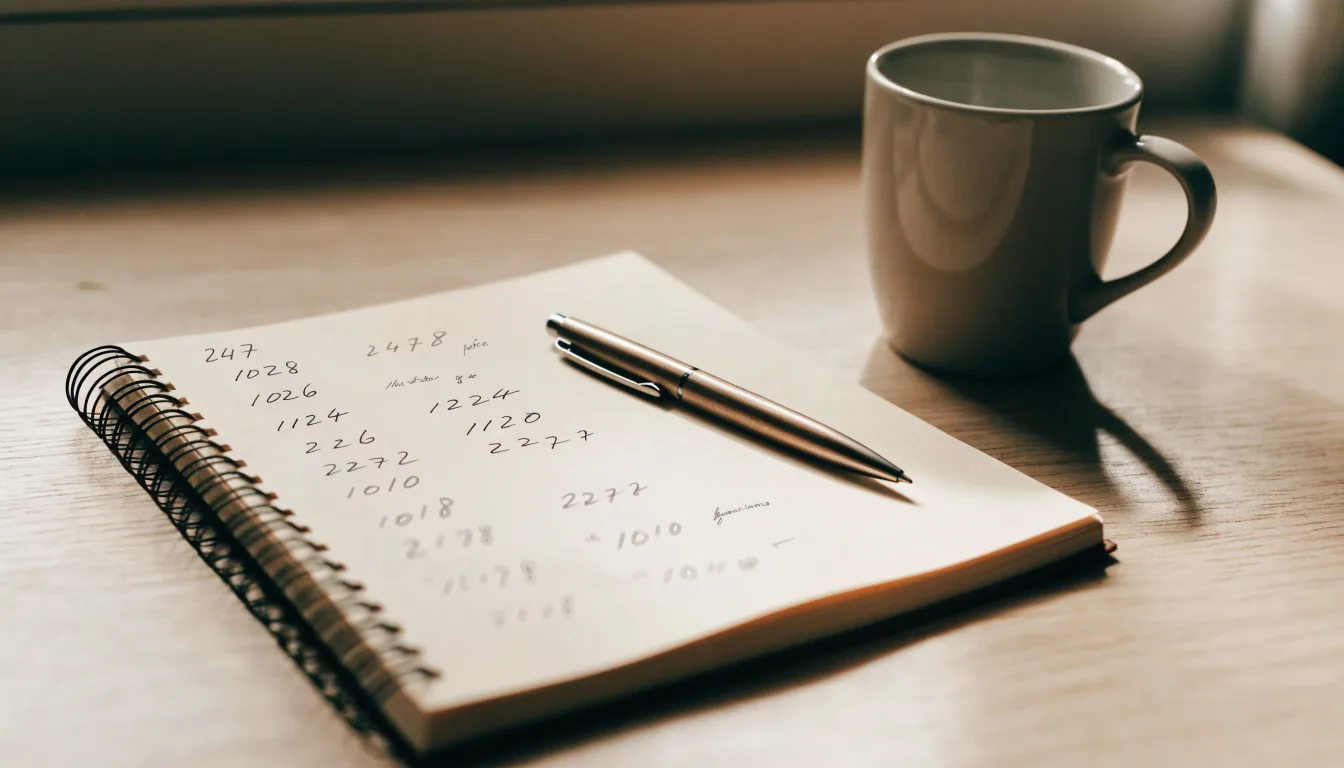 Ein Notizbuch mit handschriftlichen Notizen und ein Taschenrechner stehen auf einem Schreibtisch, daneben eine Tasse.