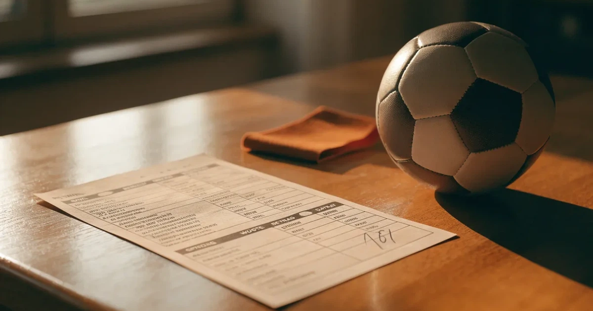 Ein kleines Geschenkband liegt neben einem Fußball und einem leeren Papier-Wettschein auf einem Holztisch im Tageslicht.