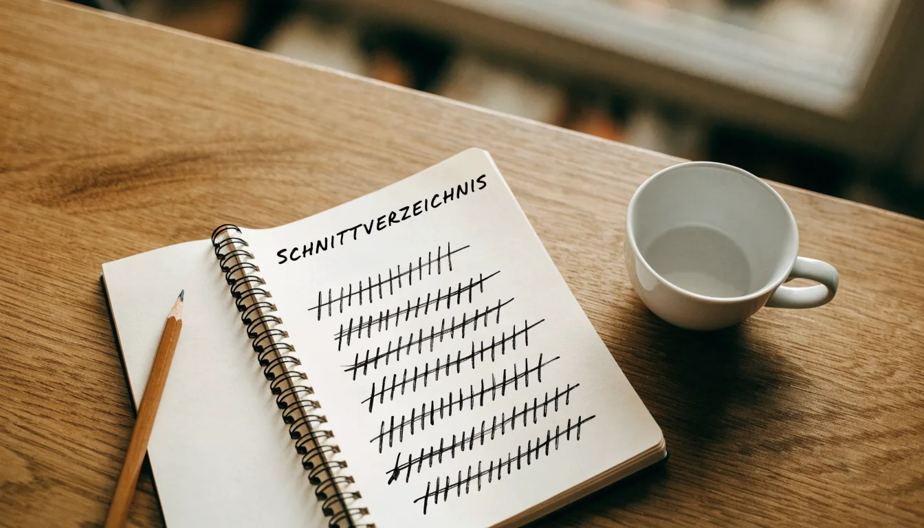 Ein Notizbuch mit handgeschriebenen Strichlisten liegt neben einem Bleistift und einer Kaffeetasse auf einem Holztisch.