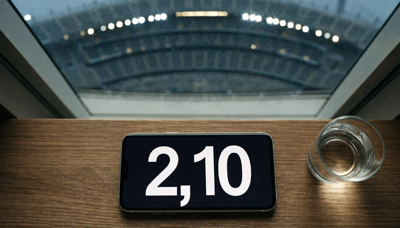 Ein Smartphone mit dunklem Display liegt auf einem Schreibtisch neben einem Glas Wasser, im Fenster dahinter ein Stadion im Dämmerlicht.