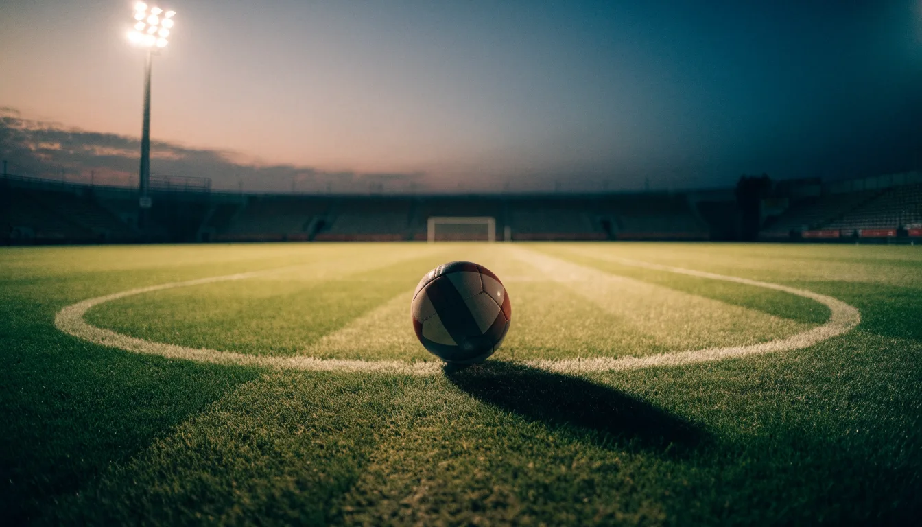 Ein Fußball liegt auf dem Mittelkreis eines leeren Rasenplatzes unter Flutlicht am frühen Abend, die Tribünen sind nur schemenhaft zu erkennen.