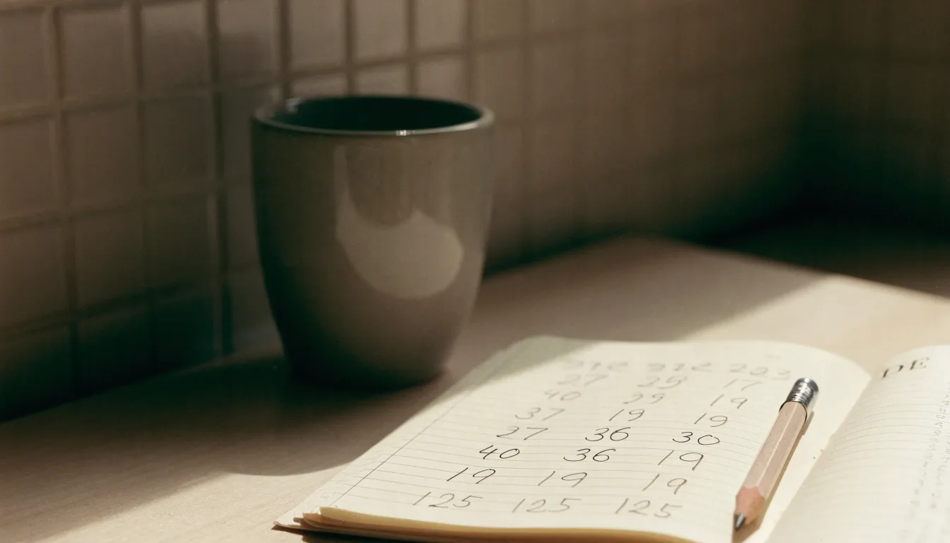 Ein Notizbuch mit handschriftlichen Zahlenreihen und ein Bleistift liegen auf einem Küchentisch neben einer Tasse.