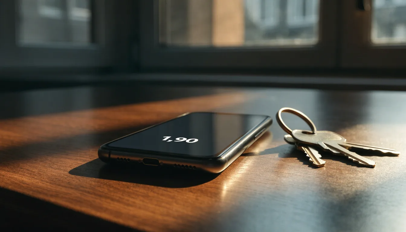 Ein Smartphone mit dunklem Display liegt auf einem Holztisch, daneben ein Schlüsselbund, im Hintergrund ein Fenster mit Abendlicht.