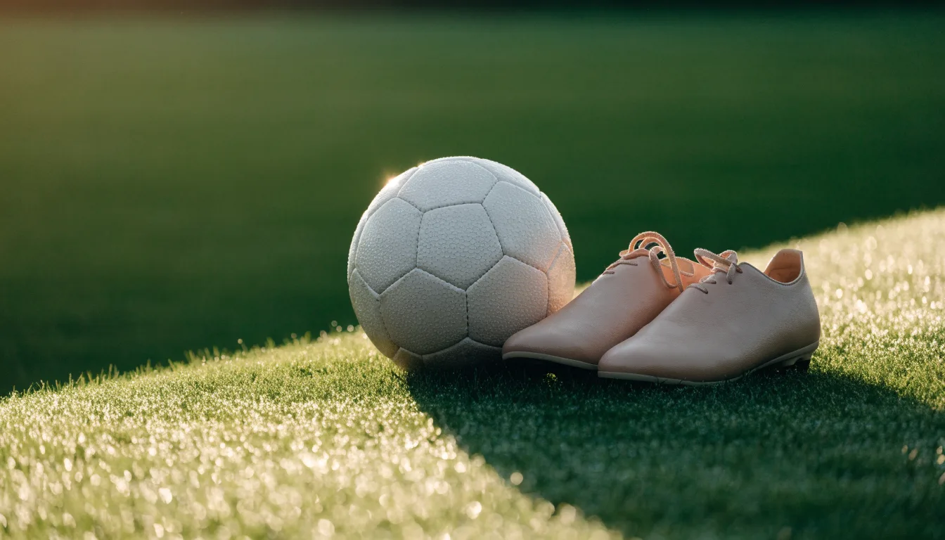 Ein Fußball auf frisch gemähtem Rasen im Morgenlicht, daneben ein Paar Fußballschuhe ohne erkennbare Marke.