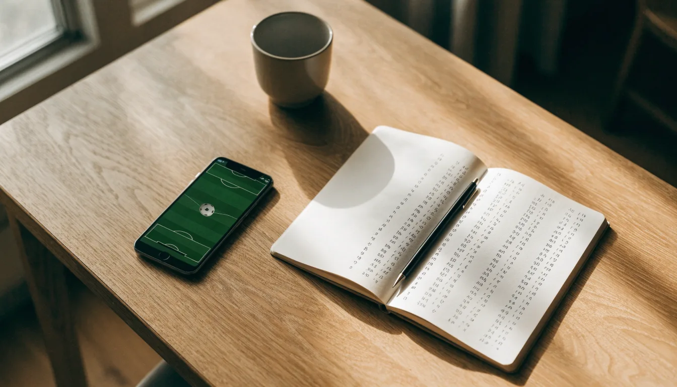 Ein Notizbuch mit handgeschriebenen Zahlen und ein Kugelschreiber liegen auf einem Tisch, daneben ein Smartphone mit schwarzem Bildschirm.