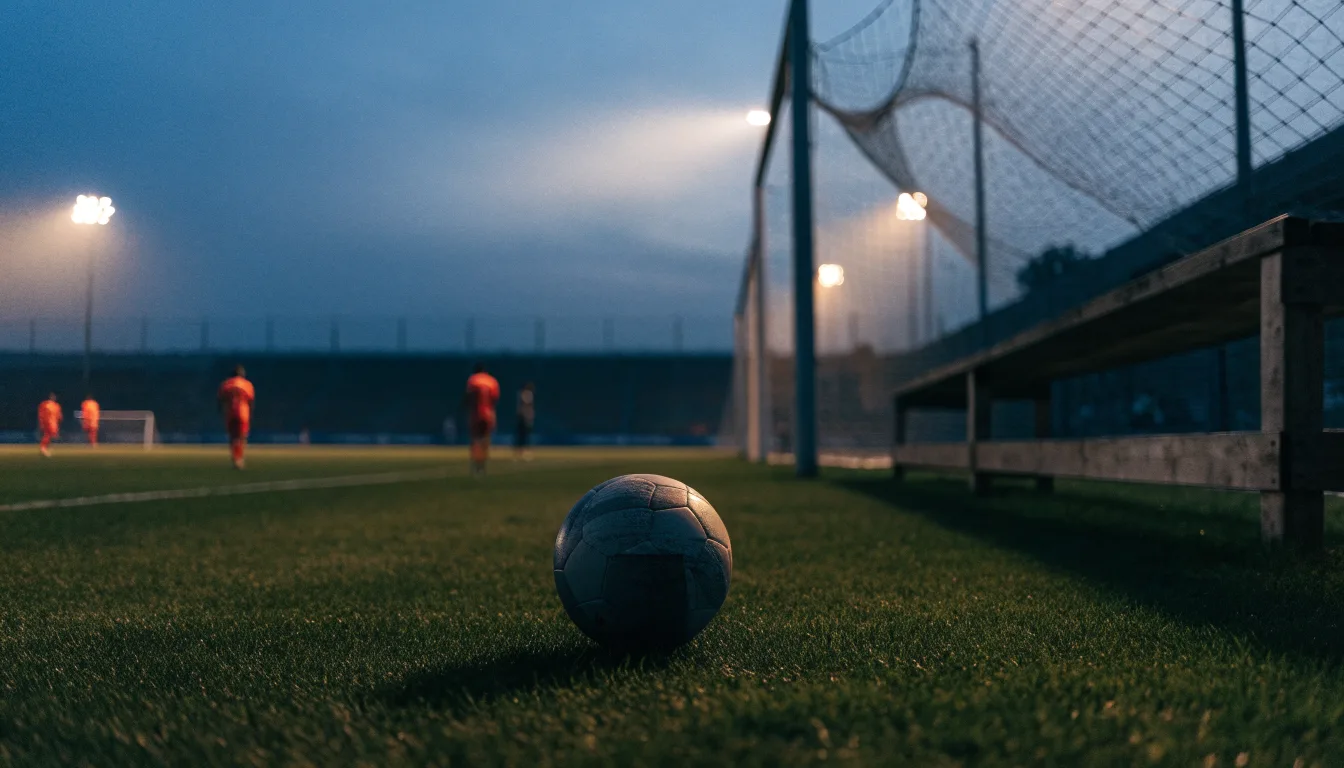 Ein Fußball liegt am Spielfeldrand neben einer leeren Ersatzbank, das Flutlicht über dem Platz leuchtet in der Dämmerung.
